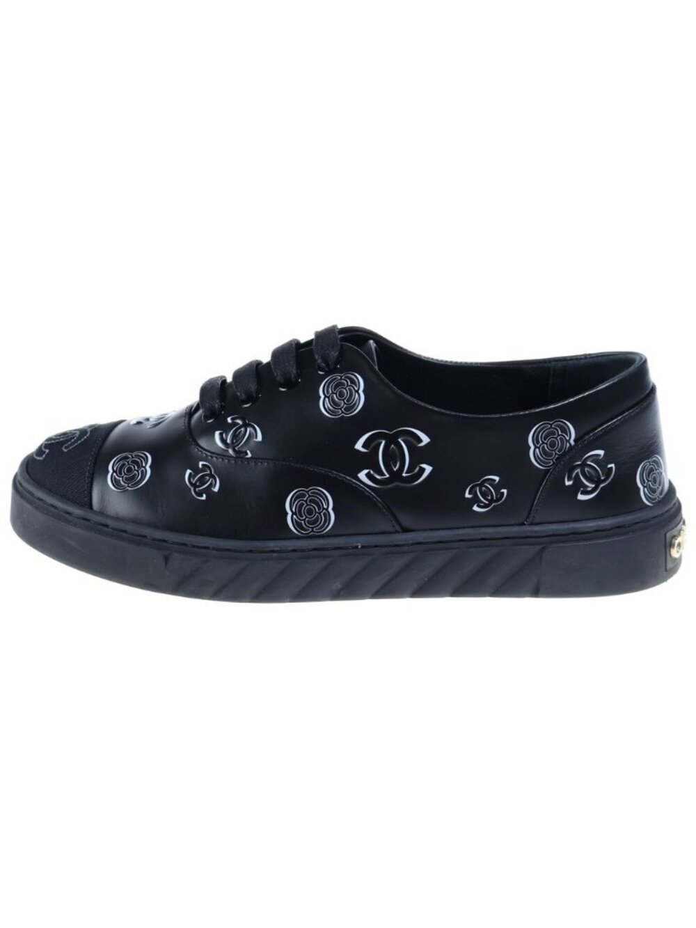 Chanel CC Logo Camellia Leather Fabric Low-Top Sneakers Black